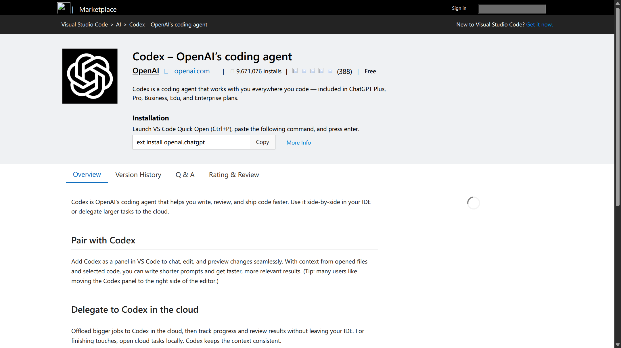 VS Code 扩展商店中的 Codex 插件